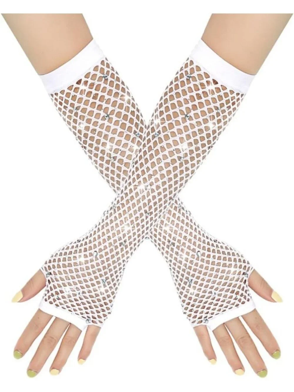 Women's White Long Fishnet Fingerless Gloves Nylon Rhinestone 80s Party Cosplay